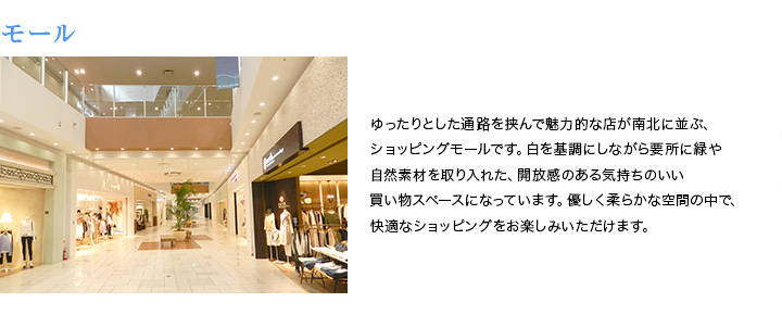 モール　ゆったりとした通路を挟んで魅力的な店が南北に並ぶ、ショッピングモールです。白を基調にしながら要所に緑や自然素材を取り入れた、開放感のある 気持ちのいい買い物スペースになっています。優しく柔らかな空間の中で、快適なショッピングをお楽しみいただけます。